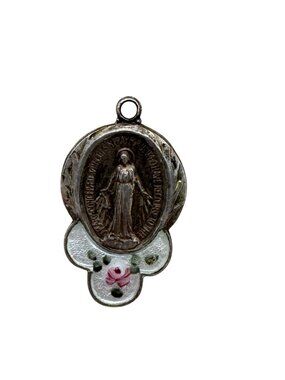Guilloche Mary Miraculous Pendant Vtg Sterling Silver Blue Enamel Rose Virgin